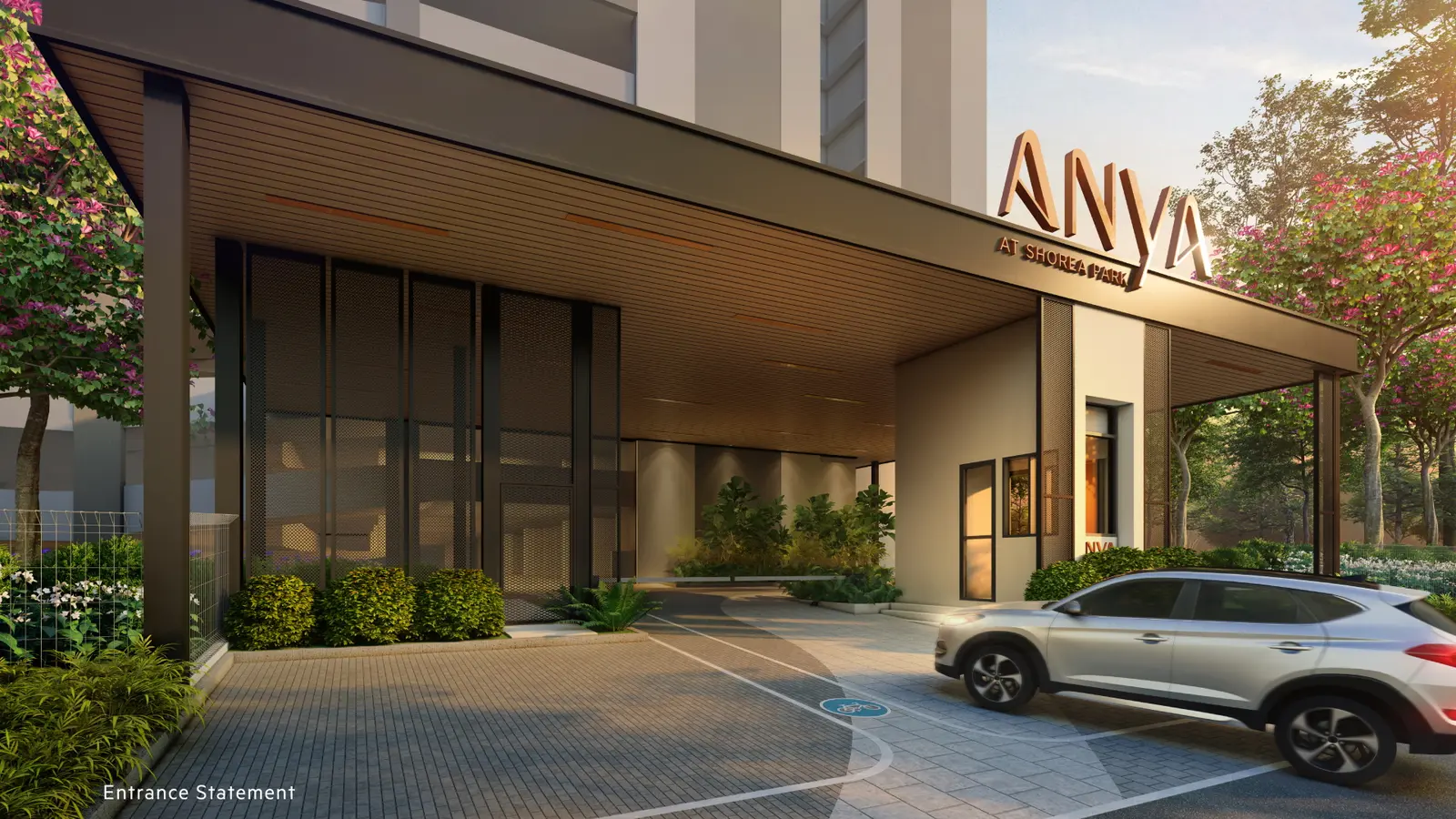 Entrance statement render at dusk at Anya at Shorea Park
