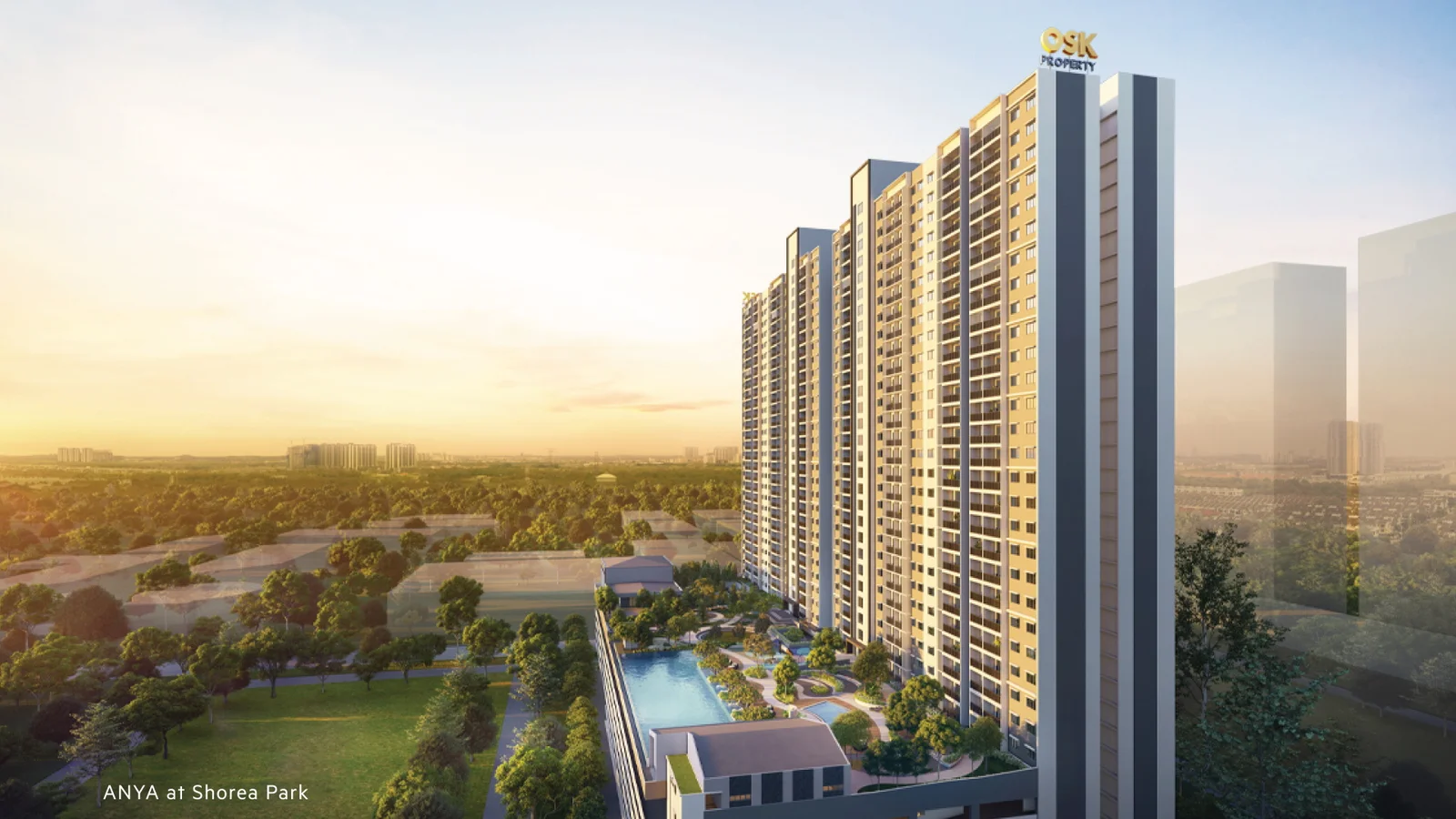 Anya at Shorea Park golden-hour facade render with pool deck, Puchong