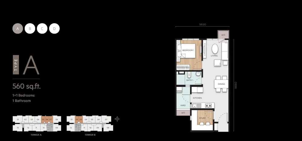 Type A floor plan, 560 sq ft, 1+1 bedroom, Anya at Shorea Park