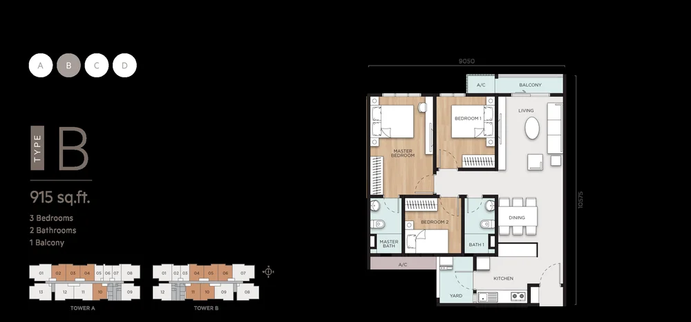 Type B floor plan, 915 sq ft, 3 bedroom, Anya at Shorea Park