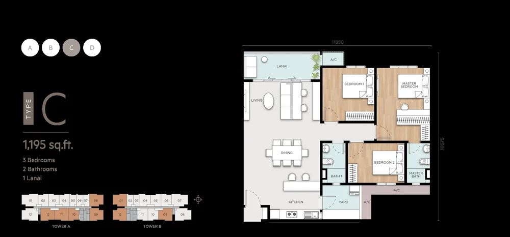 Type C floor plan, 1,195 sq ft, 3 bedroom, Anya at Shorea Park