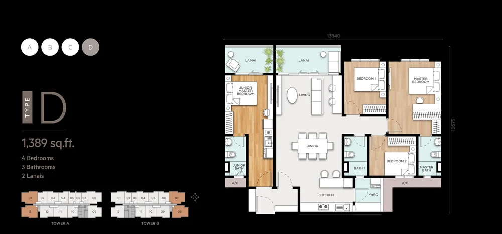 Type D floor plan, 1,389 sq ft, 4 bedroom dual-key, Anya at Shorea Park